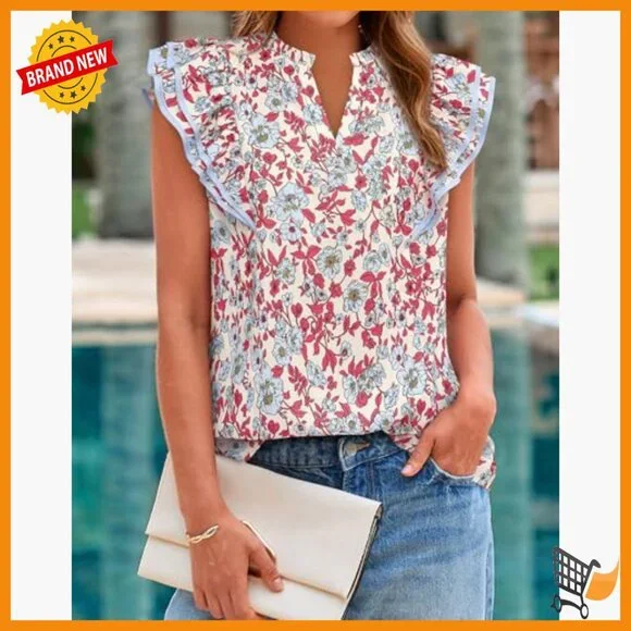 Lightweight Flowy Blouse V-Neck Cap Sleeve Ruffle Details Business Casual - Picture 6 of 7